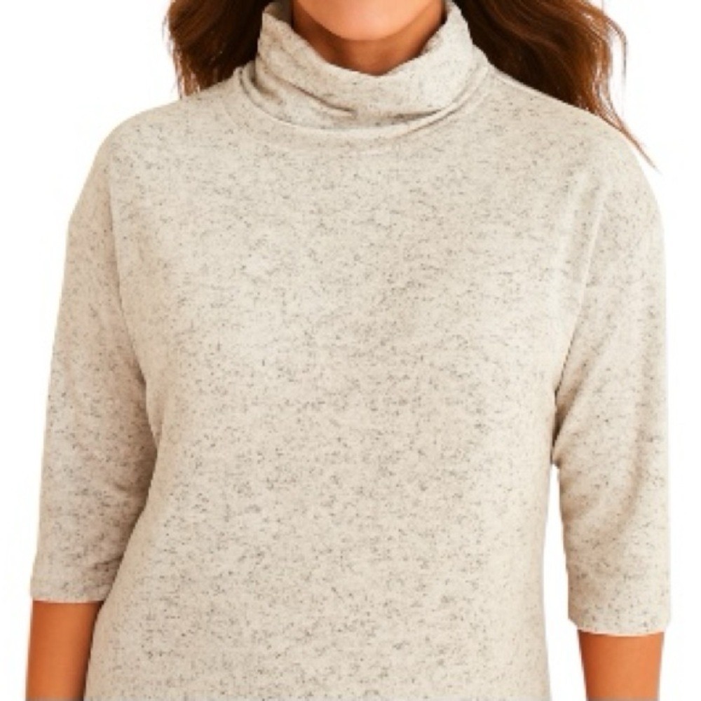 Chicos Women Size 2 Oatmeal Heathered Cowl Neck 3/4 Sleeve Knit Top Pullover